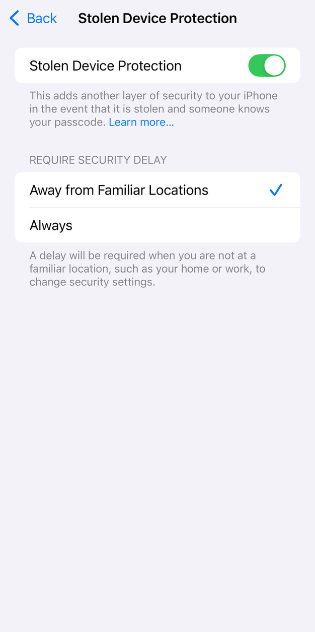 stolen device protection delay screenshot