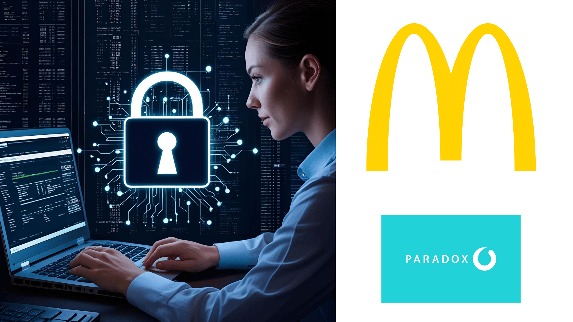 A woman looking at a computer screen. McDonald's and Paradox.AI logos
